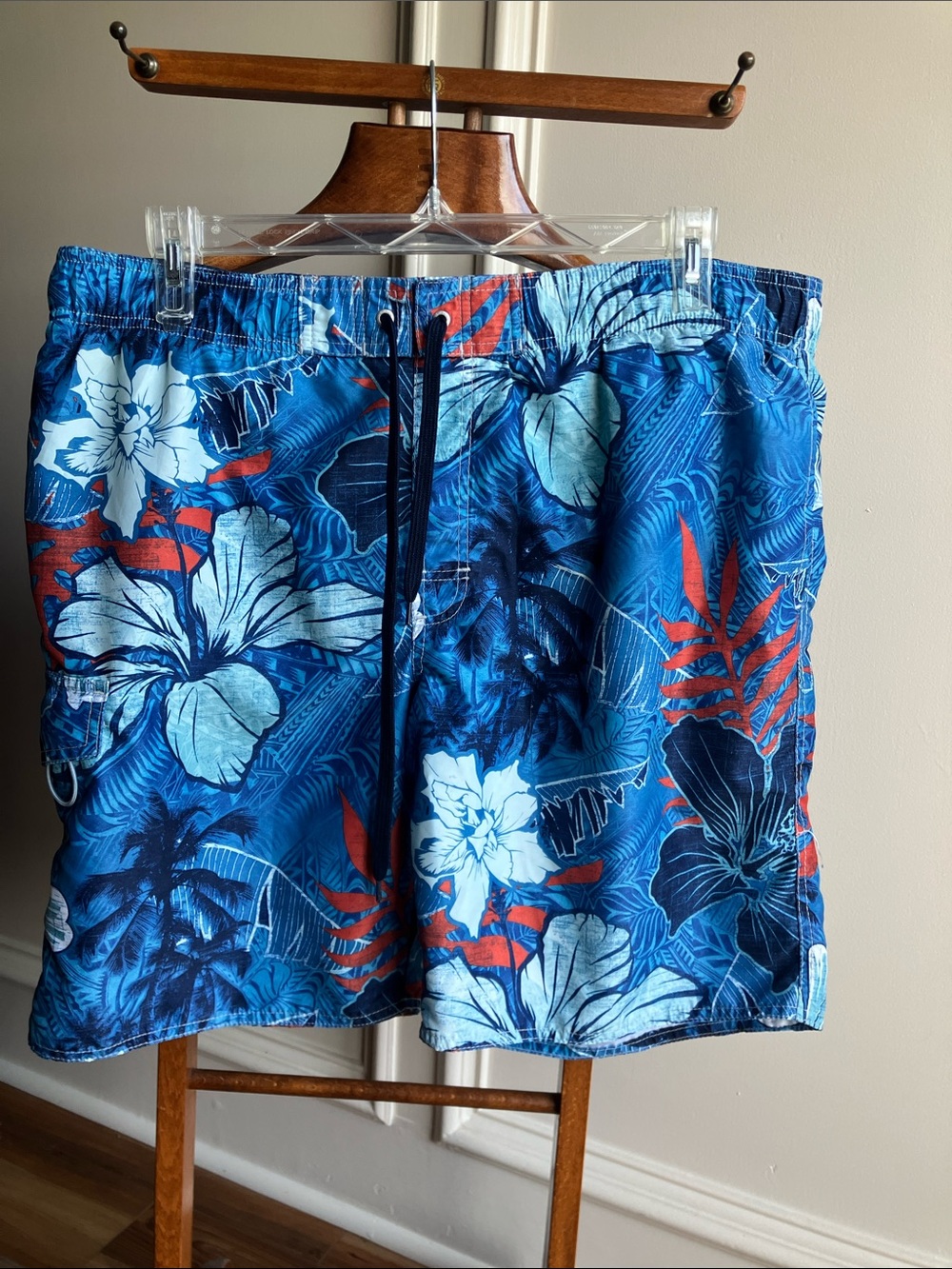 Newport Blue Floral Swim Board Shorts with Red Accents